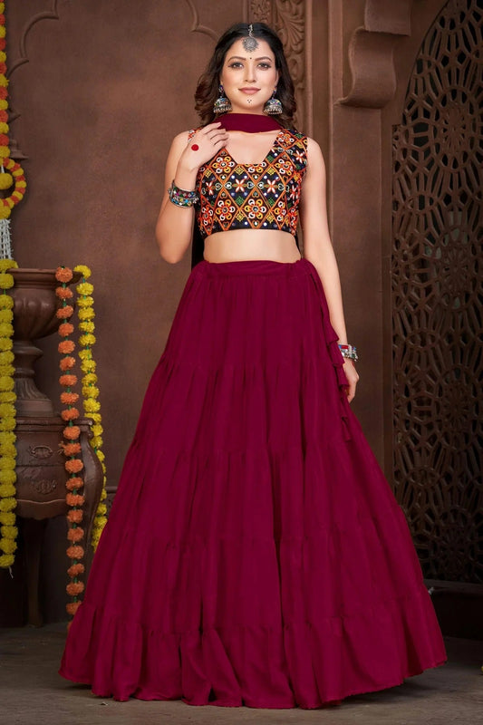 Maroon Embroidery French Crepe Navratri Lehenga  NCLD11710191