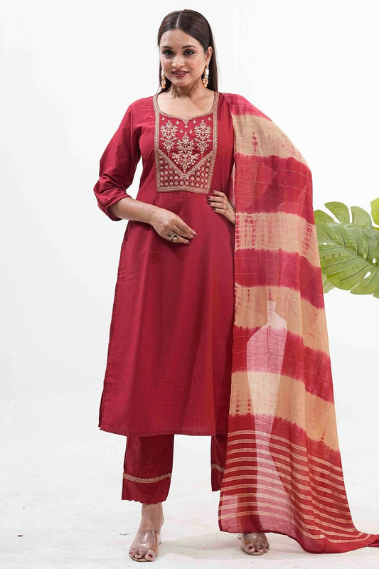 Maroon Embroidery Roman Silk Pant Style Suit NCSS11110480