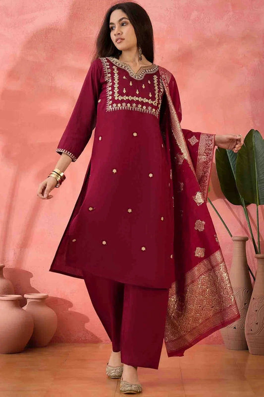 Maroon Embroidery Roman Silk Pant Style Suit NCSS11110482