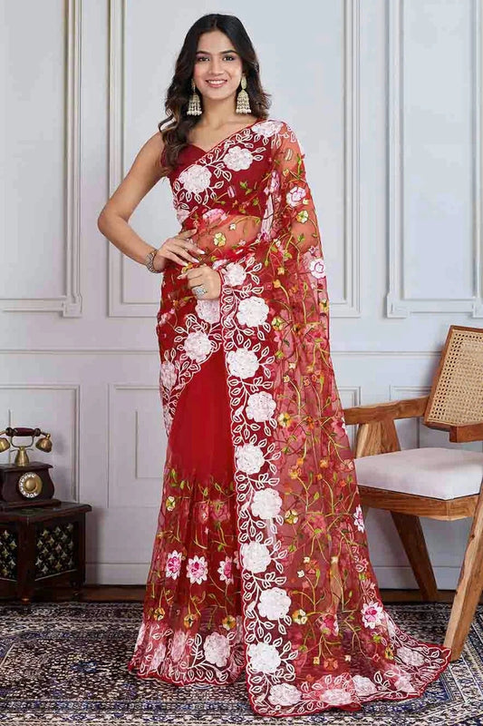 Maroon Embroidery Soft Net Designer Saree NCSD11110587