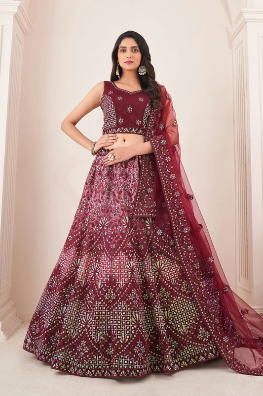 Maroon Embroidery Soft Net Lehenga Choli NCLD10810234