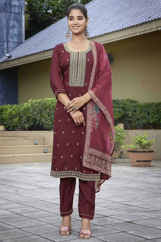 Maroon Embroidery Viscose Chanderi Pant Style Suit NCSS11110518