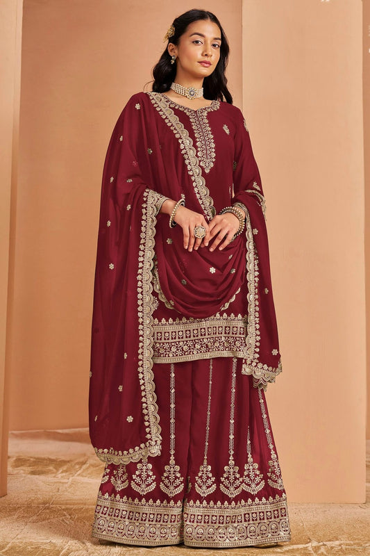 Maroon Faux Georgette Palazzo Pant Suit NCSM10510148