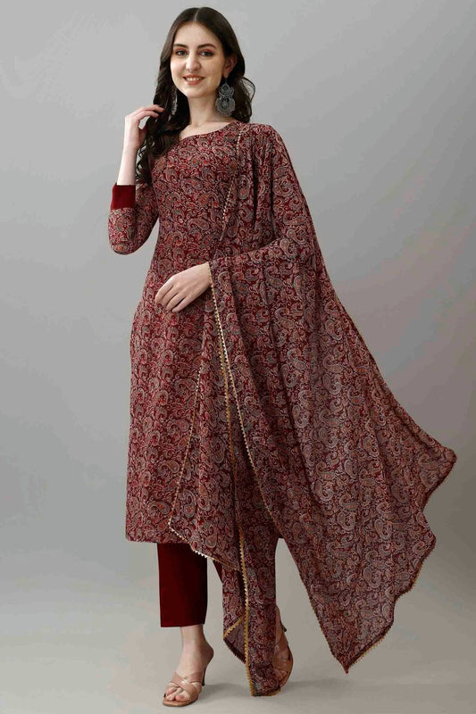 Maroon Faux Georgette Printed Pant Style Suit NCSS11110318