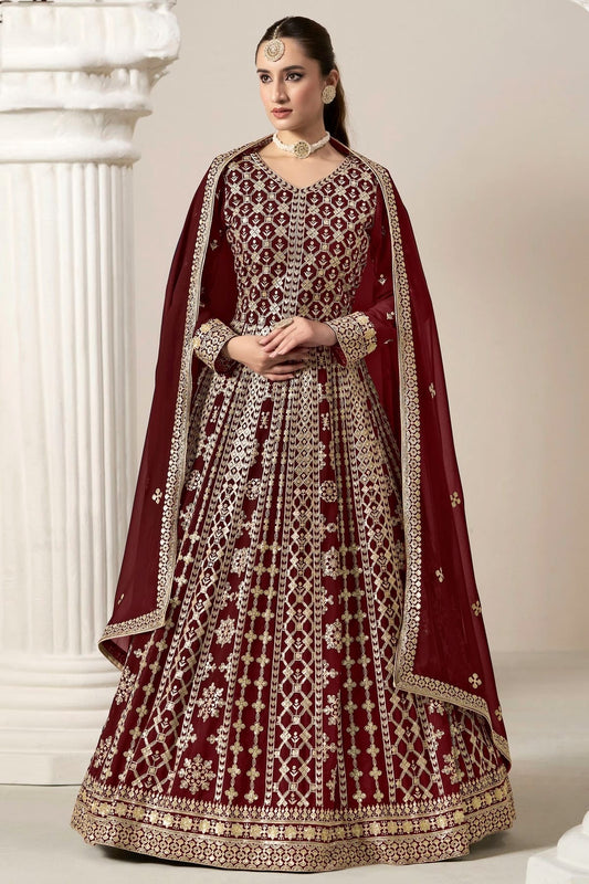 Maroon Faux Georgette Semi Stitched Anarkali Suit NCSM10510172