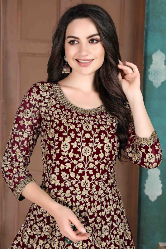 Maroon Faux Georgette Semi Stitched Anarkali Suit NCSM10510375