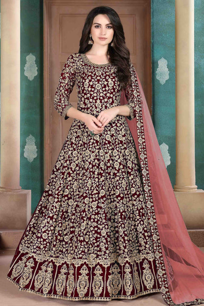 Maroon Faux Georgette Semi Stitched Anarkali Suit NCSM10510375