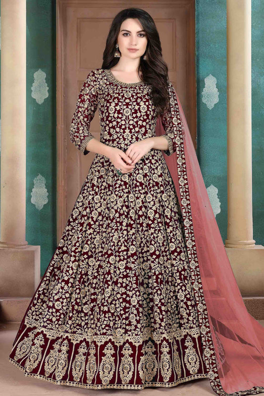 Maroon Faux Georgette Semi Stitched Anarkali Suit NCSM10510375