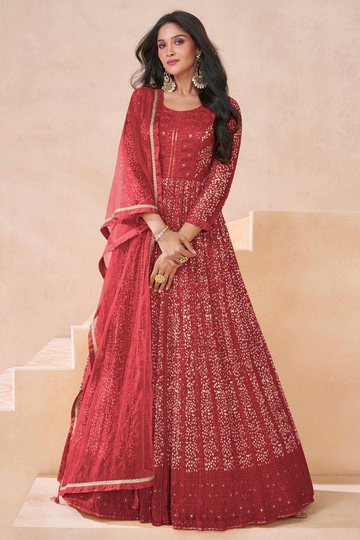 Maroon Faux Georgette Semi Stitched Anarkali Suit NCSM11410435
