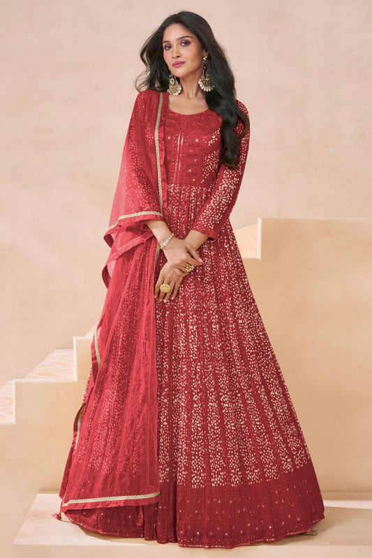 Maroon Faux Georgette Semi Stitched Anarkali Suit NCSM11410435