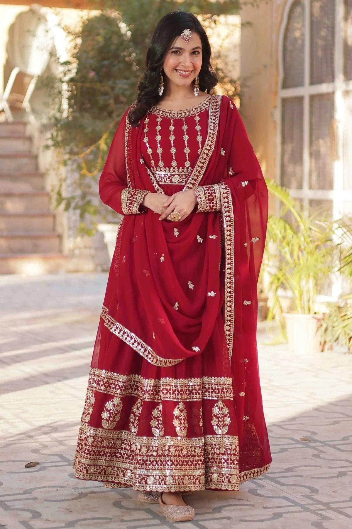 Maroon Faux Georgette Stitched Gown NCGW11110848