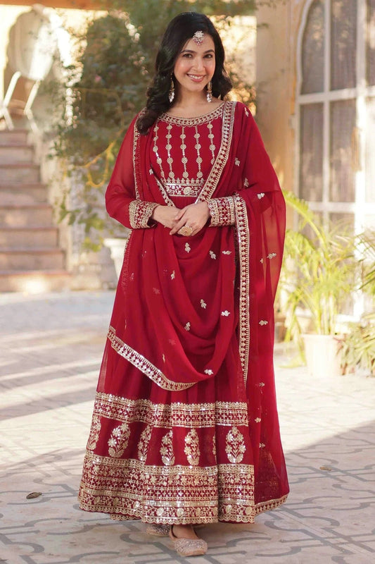 Maroon Faux Georgette Stitched Gown NCGW11110848