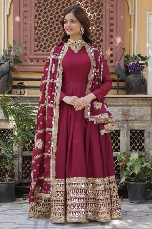 Maroon Faux Georgette Stitched Gown NCGW11111351