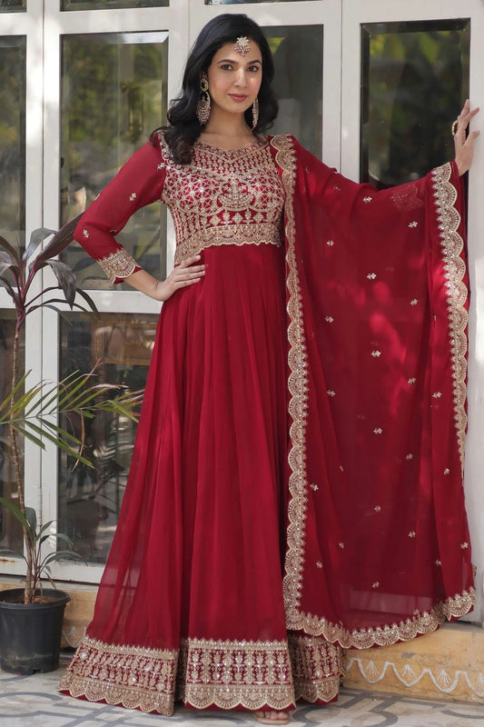 Maroon Faux Georgette Stitched Gown NCGW11111354