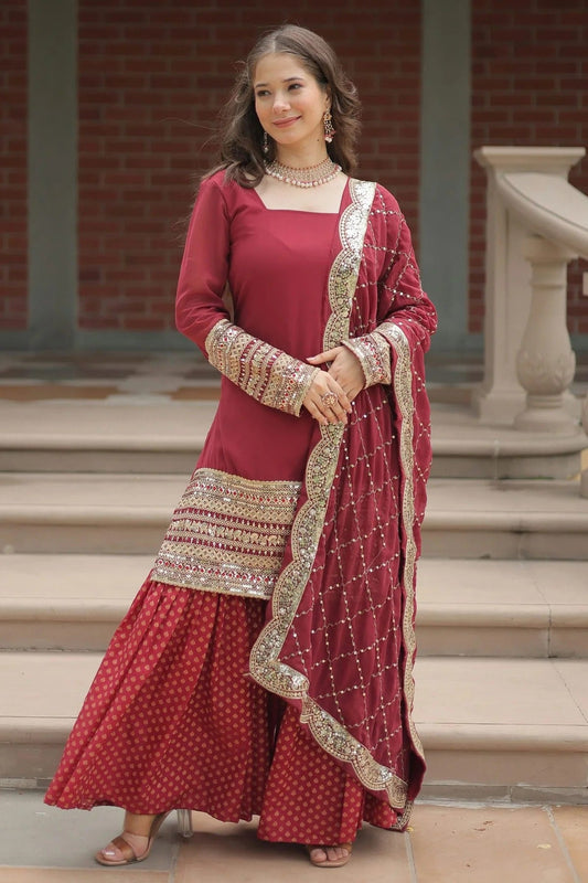 Maroon Faux Georgette Stitched Salwar Suit NCSS11111600