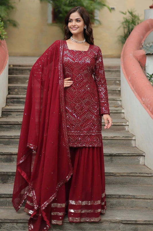 Maroon Faux Georgette Stitched Salwar Suit NCSS11111972