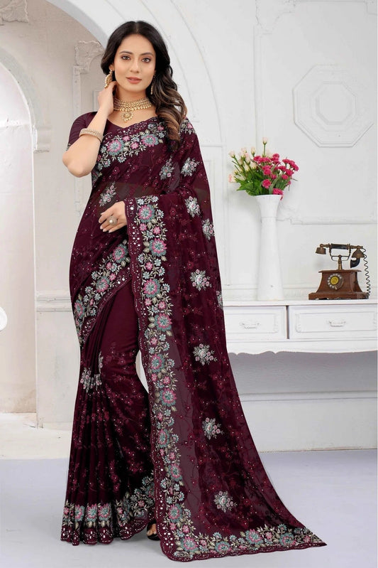 Maroon Georgette Embroidery Saree NCSD11210581