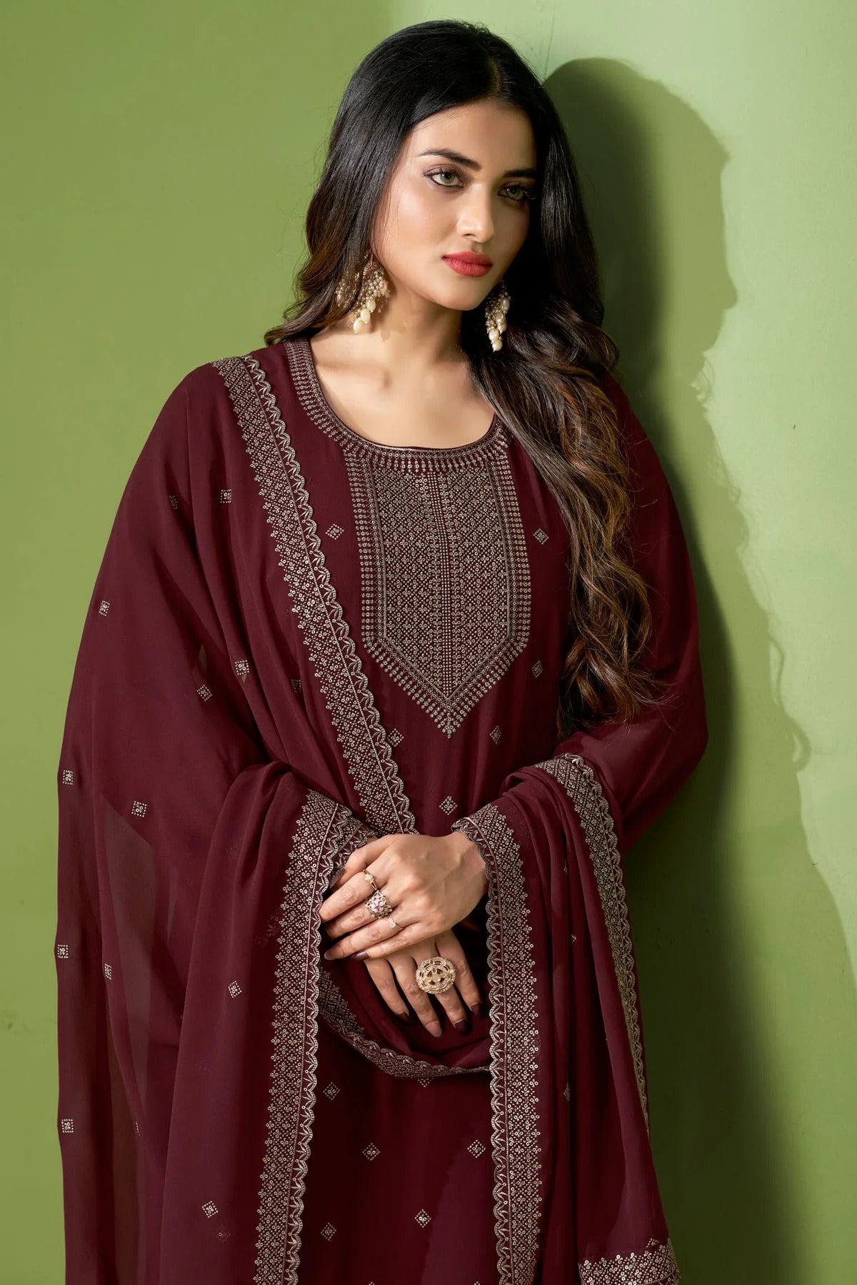 Maroon Georgette Pant Style Suit NCSM11112353