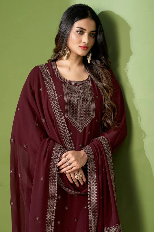 Maroon Georgette Pant Style Suit NCSM11112353