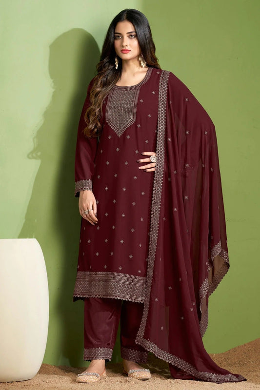 Maroon Georgette Pant Style Suit NCSM11112353