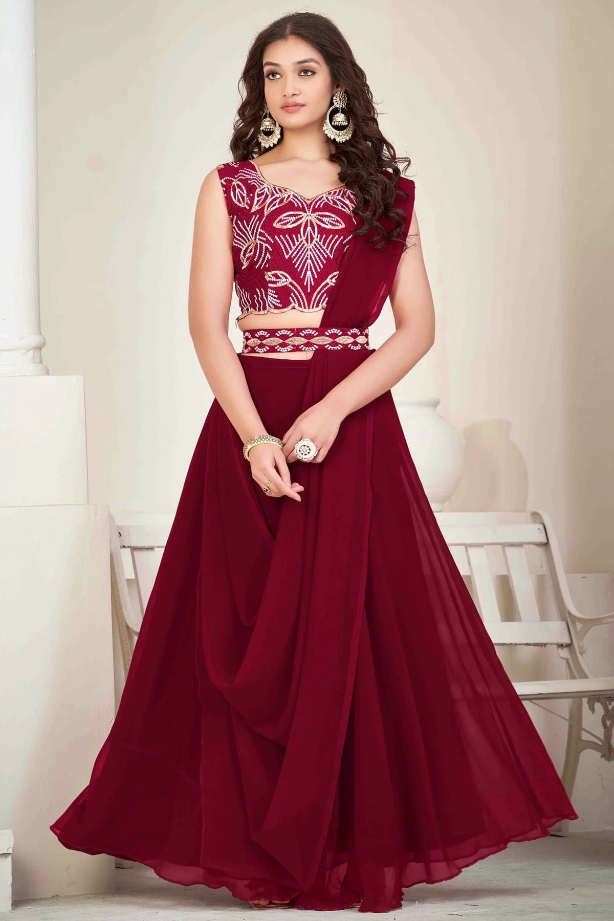 Maroon Georgette Semi Stitched Lehenga Choli NCLC11710148