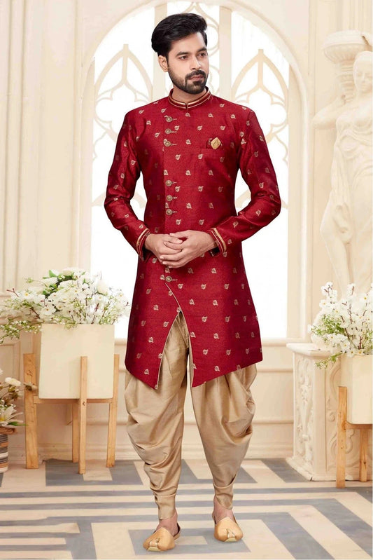 Maroon Jacquard Dhoti Sherwani NCSH10410350