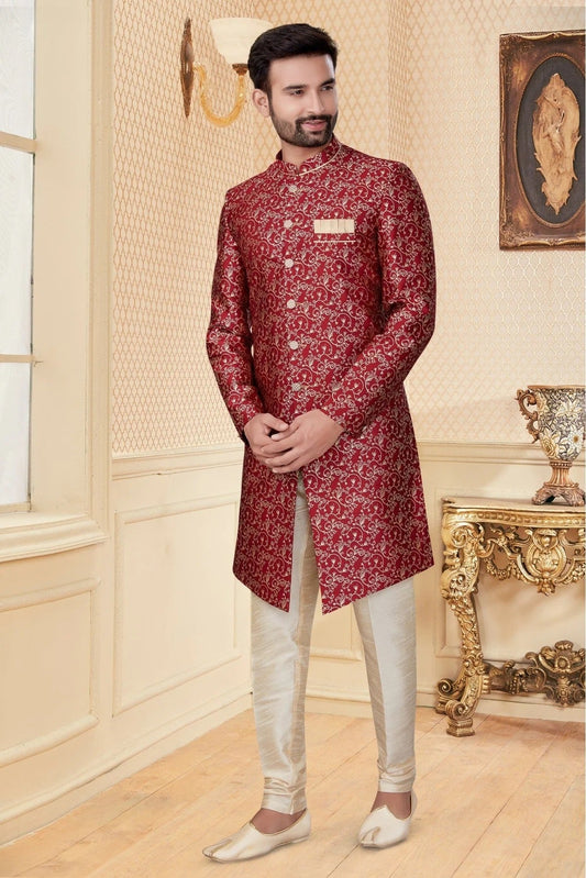 Maroon Jacquard Sherwani NCSH10410357