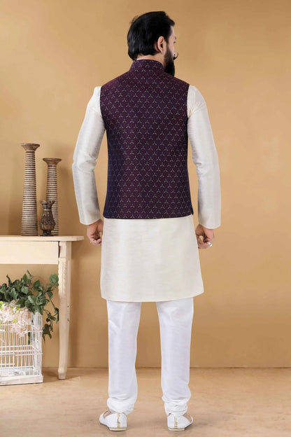 Maroon Jacquard Kurta PajamaWith Jacket  NCKP11310156
