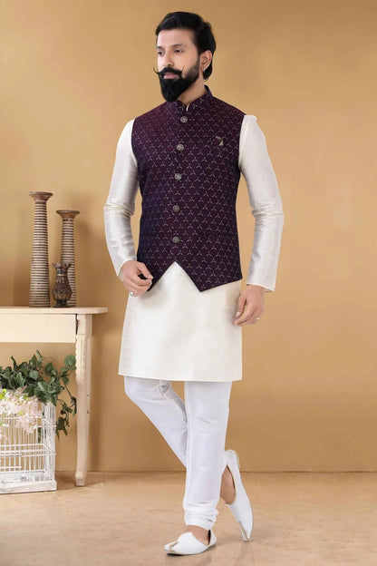 Maroon Jacquard Kurta PajamaWith Jacket NCKP11310156