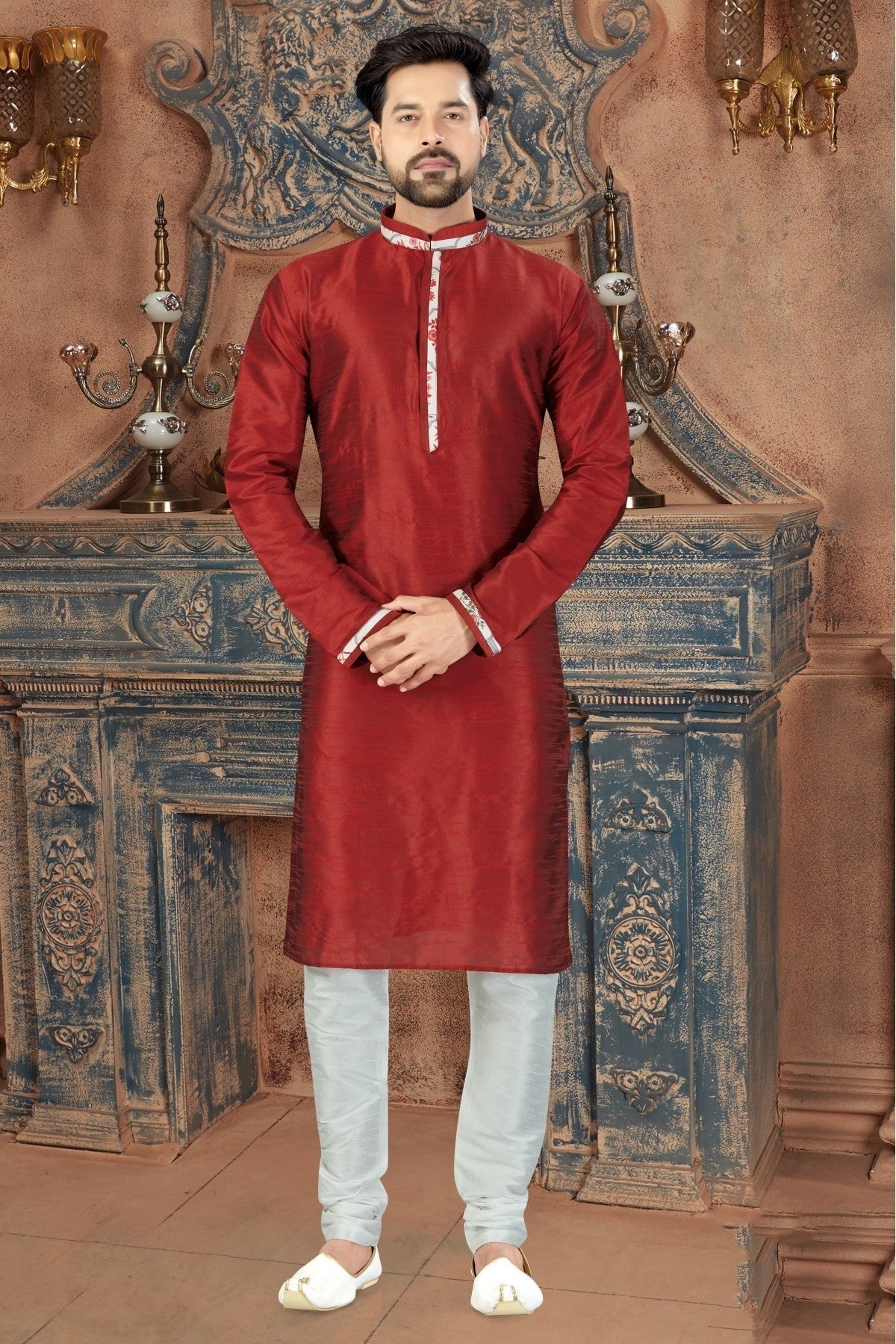 Maroon Kurta Pajama In Art Dhupion NCKP10410642