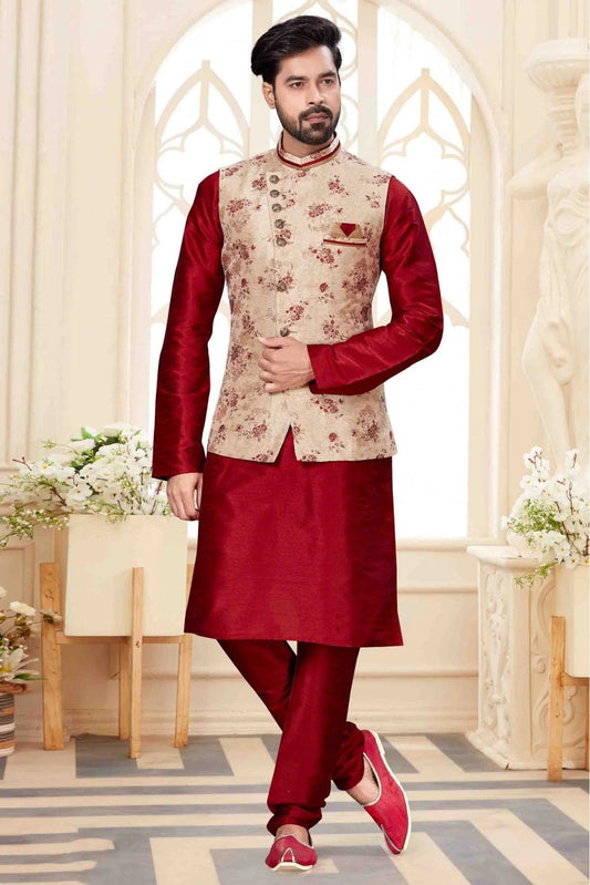 Maroon Kurta PajamaWith Jacket In Silk Dupion NCKP10410714