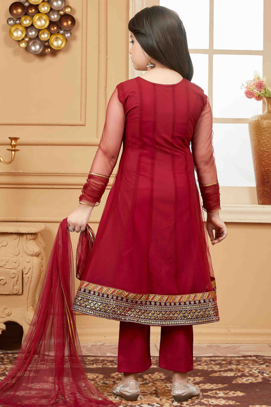 Maroon Net Pant Style Suit NCGW10710808