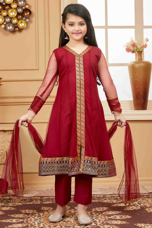Maroon Net Pant Style Suit NCGW10710808