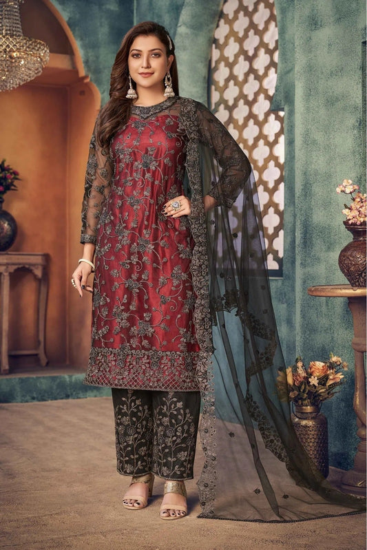 Maroon Net Pant Style Suit NCSM10510344