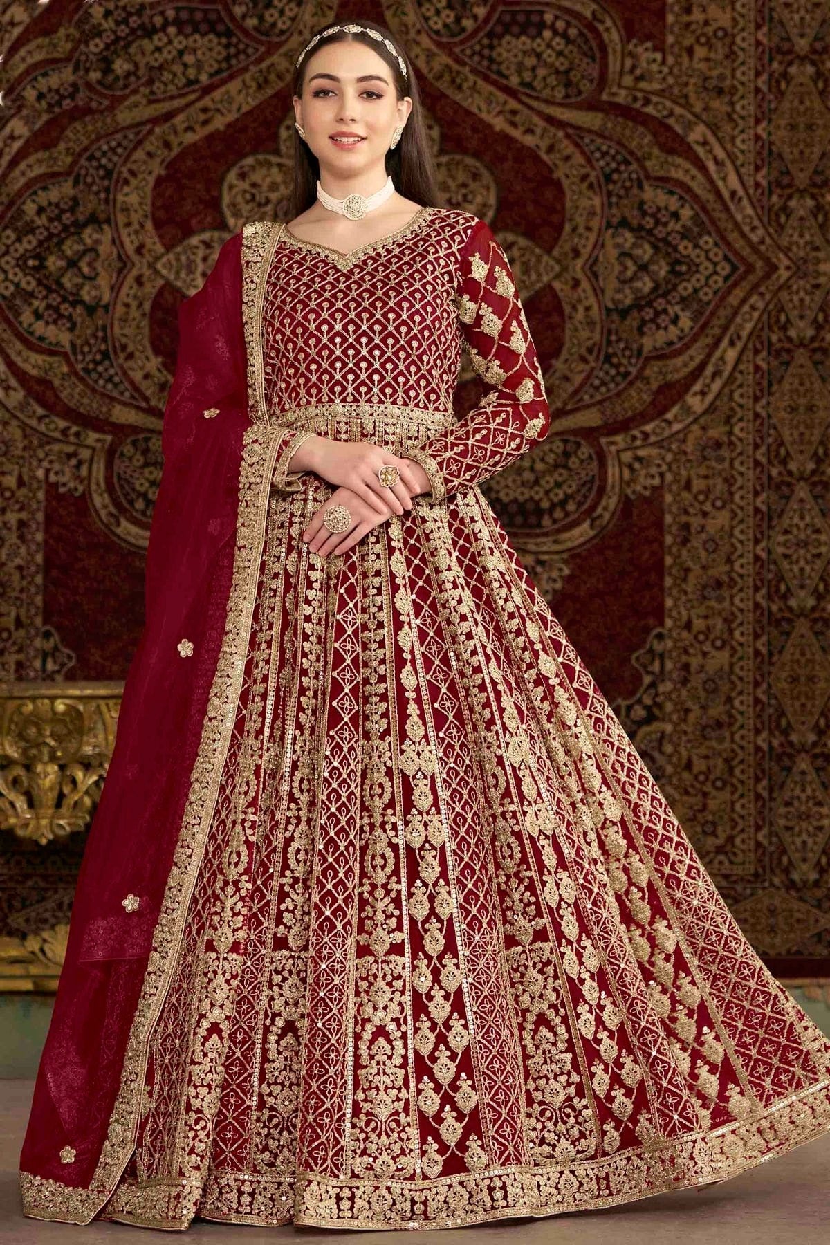 Maroon Net Semi Stitched Anarkali Suit NCSM10510137