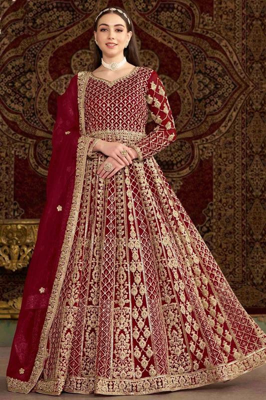 Maroon Net Semi Stitched Anarkali Suit NCSM10510137