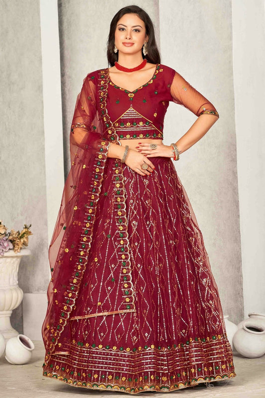 Maroon Net Semi Stitched Lehenga Choli NCLC11710135