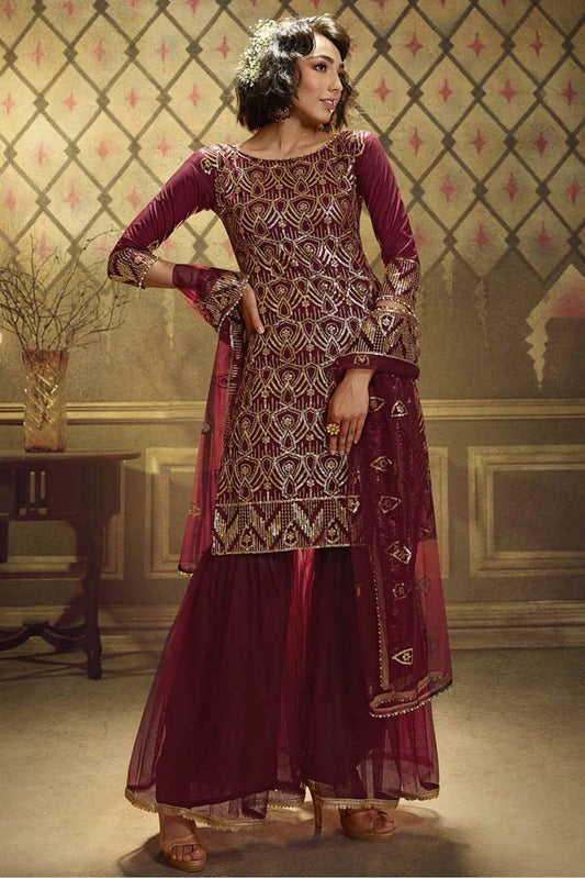 Maroon Net Sequins Sharara Suit NCSM10810362