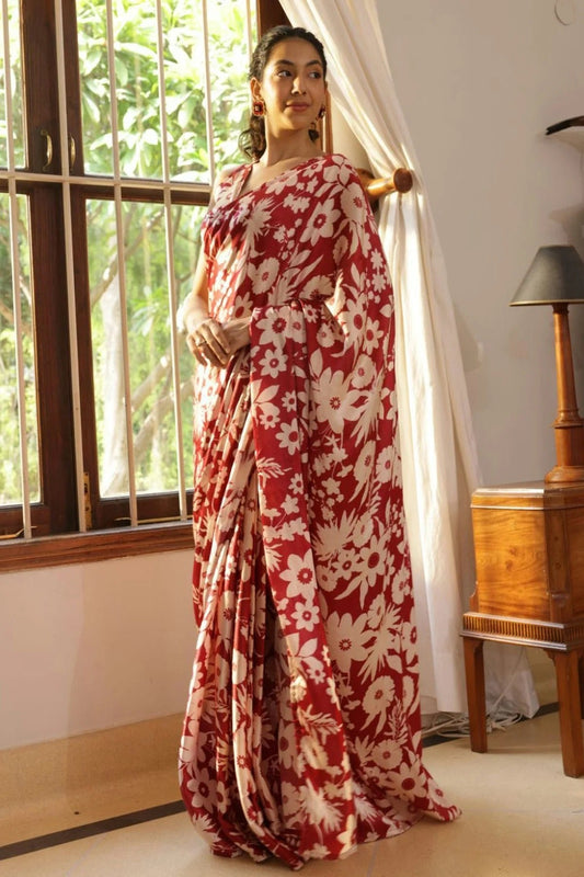 Maroon Nylon Japan Satin Printed Saree NCSD11111815