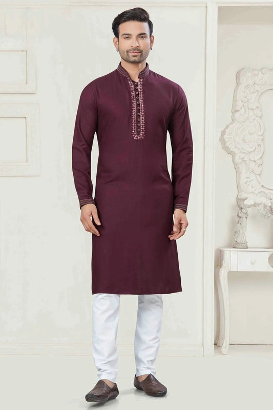Maroon Pintex and Embroidery Cotton Kurta Pajama NCKP11110553