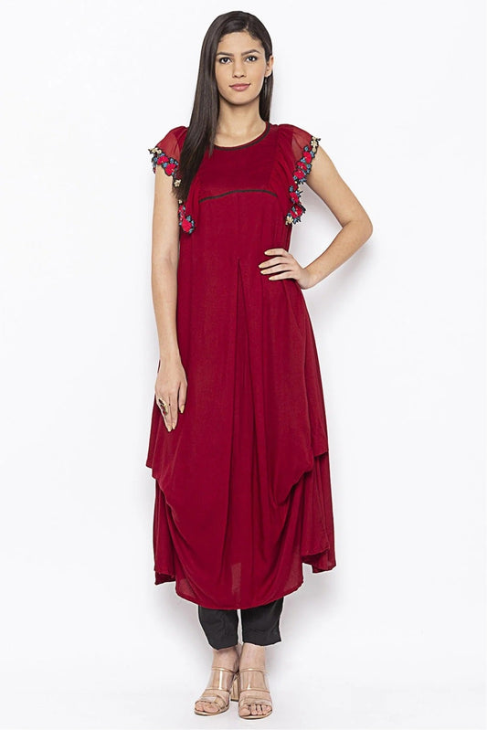 Maroon Plus Size Cotton Embroidery Kurta Set NCKR10710365