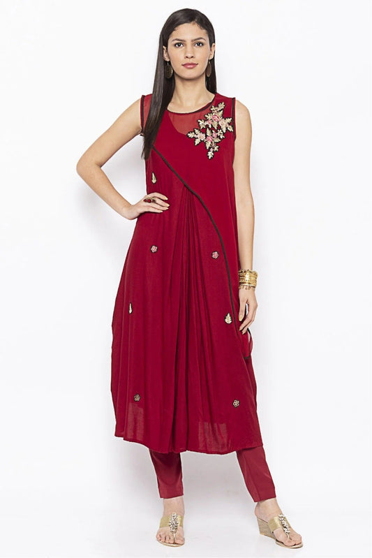 Maroon Plus Size Cotton Embroidery Kurti NCKR10710389