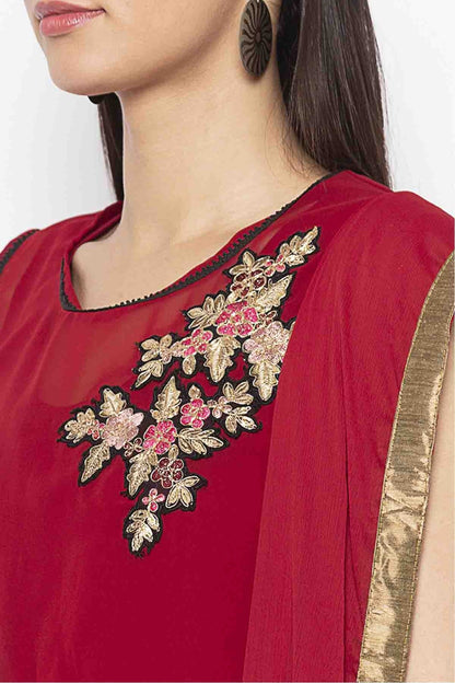 Maroon Plus Size Cotton Embroidery Pant Style Suit NCSS10710636