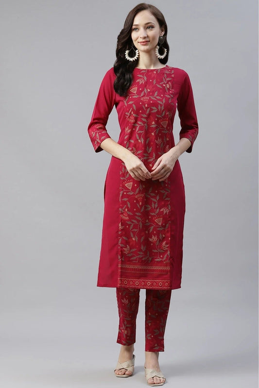 Maroon Plus Size Crepe Foil Print KurtiWith Pant Set NCKR10610134