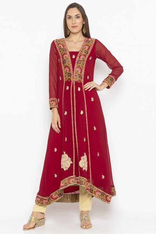 Maroon Plus Size Georgette Embroidery Kurta Set NCKR10710407