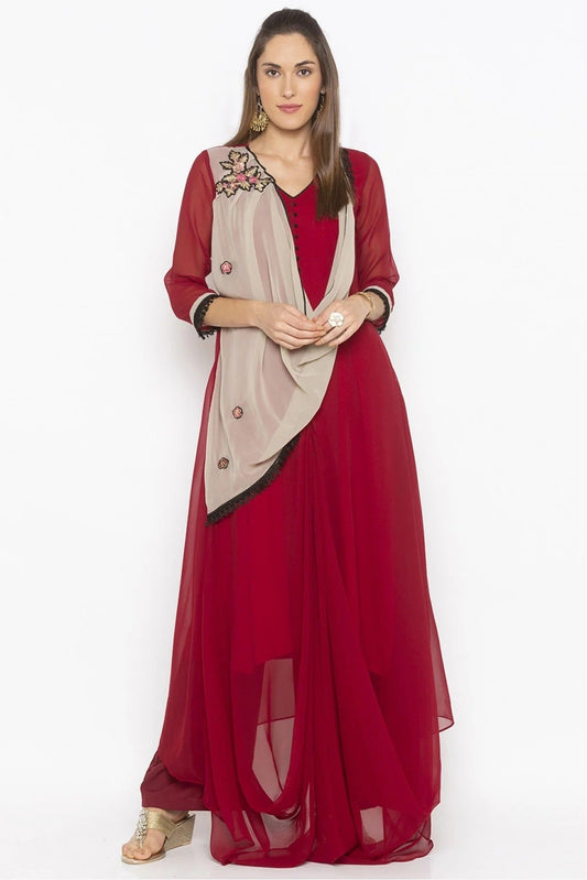Maroon Plus Size Georgette Embroidery Kurta Set NCKR10710420