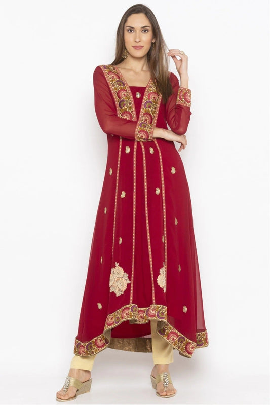 Maroon Plus Size Georgette Embroidery Kurti NCKR10710379