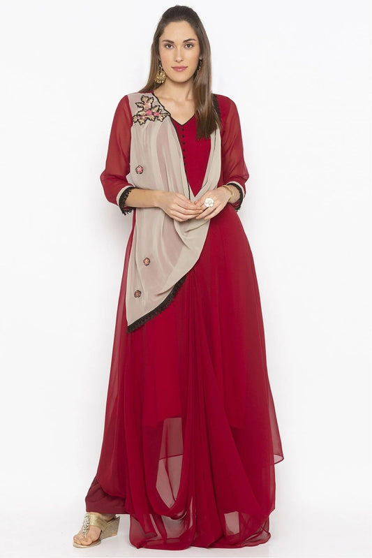 Maroon Plus Size Georgette Embroidery Kurti NCKR10710392