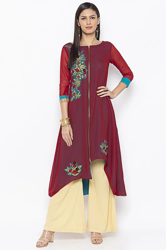 Maroon Plus Size Georgette Embroidery Kurti NCKR10710437