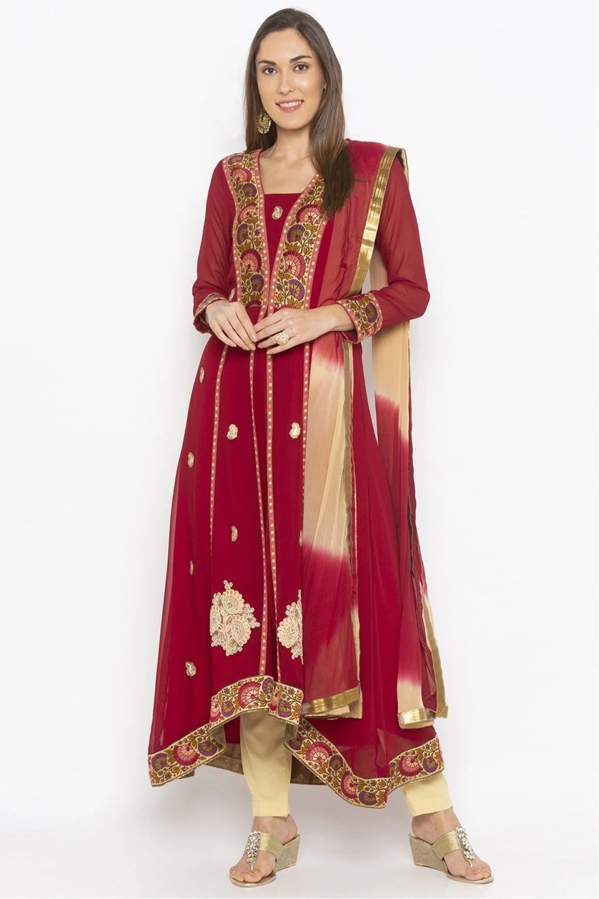 Maroon Plus Size Georgette Embroidery Pant Style Suit NCSS10710625